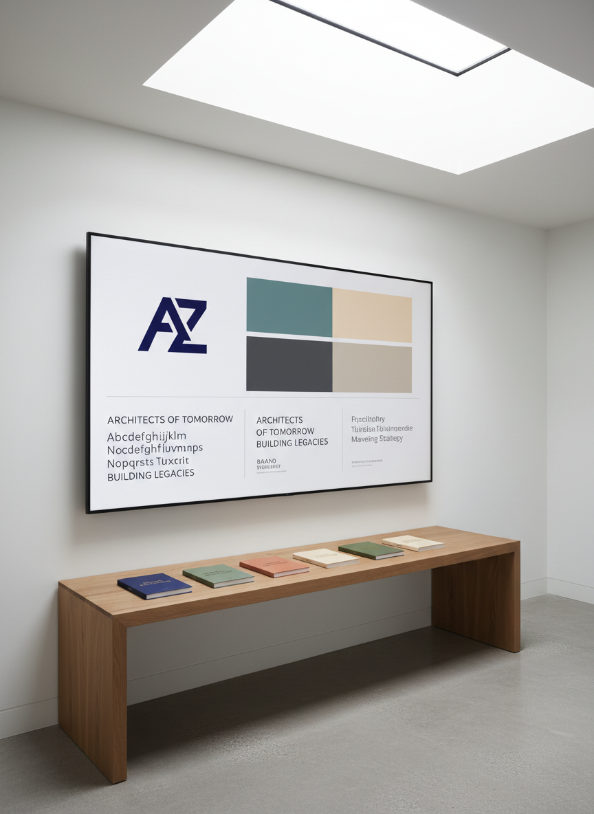 A large, frameless wall-mounted digital screen showcases a bold brand identity system: a primary logo, color palette swatches, and typography samples arranged in a precise grid. Below, a long oak console holds organized rows of printed brand guideline booklets, each with different cover colors and embossed titles. The room is a clean, modern office space with concrete floors and a muted, neutral palette. Diffused daylight from a nearby skylight illuminates the screen and highlights subtle textures in the paper and wood. Shot from a slightly angled perspective with sharp focus throughout, this photographic image feels polished, intentional, and authoritative, embodying high-level brand building and disciplined marketing leadership.