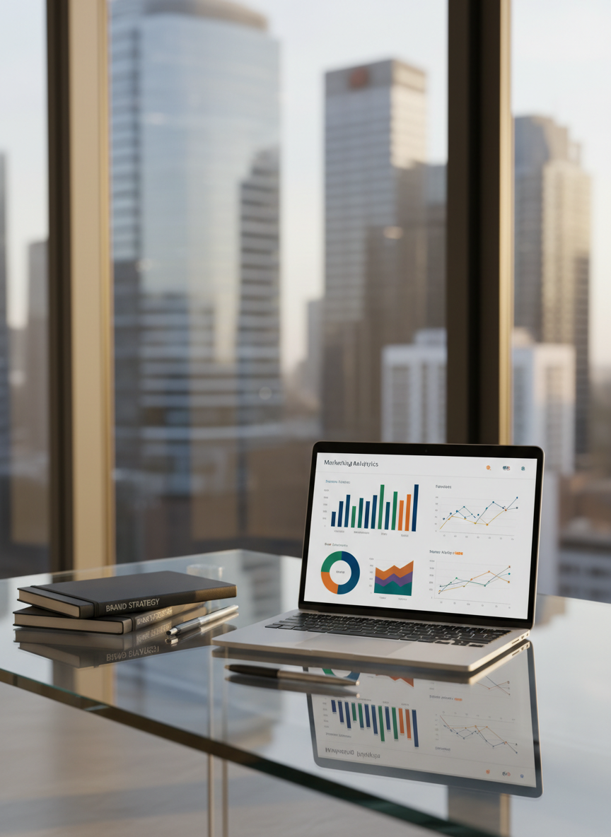 A sleek, minimalist glass desk holds a single open silver laptop displaying a clean marketing analytics dashboard filled with colorful but refined charts and growth curves. Surrounding the laptop are neatly stacked matte-black brand strategy notebooks and a single metallic pen aligned with precision. The desk sits near a floor-to-ceiling window overlooking a softly blurred modern city skyline. Late afternoon natural light pours in, creating crisp reflections on the glass surface and gentle shadows that add depth. Captured at eye level with a shallow depth of field in photographic realism, the composition uses the rule of thirds to convey clarity, focus, and professional strategic thinking in a calm, modern atmosphere.