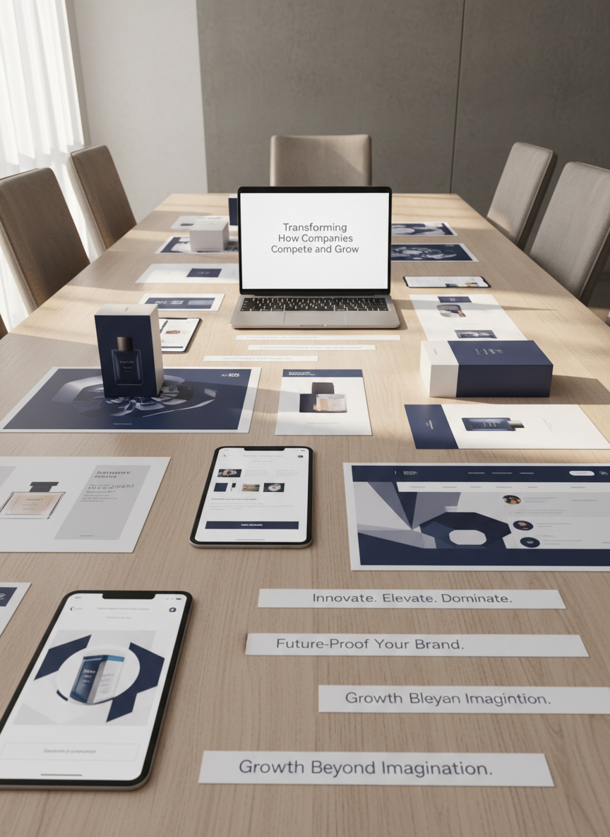 An elegant conference table made of light ash wood is covered with a carefully arranged assortment of printed campaign mockups: high-end product packaging, social media layouts, homepage hero concepts, and tagline explorations, all unified by a crisp visual language. A single, slim metal laptop at the head of the table displays a presentation slide titled “Transforming How Companies Compete and Grow.” Morning sunlight streams through tall windows, creating bright highlights on the glossy print surfaces and long, soft shadows across the table. Captured from a low angle down the length of the table, with the focal point on the headline slide, this photographic composition feels visionary, decisive, and strategically driven.