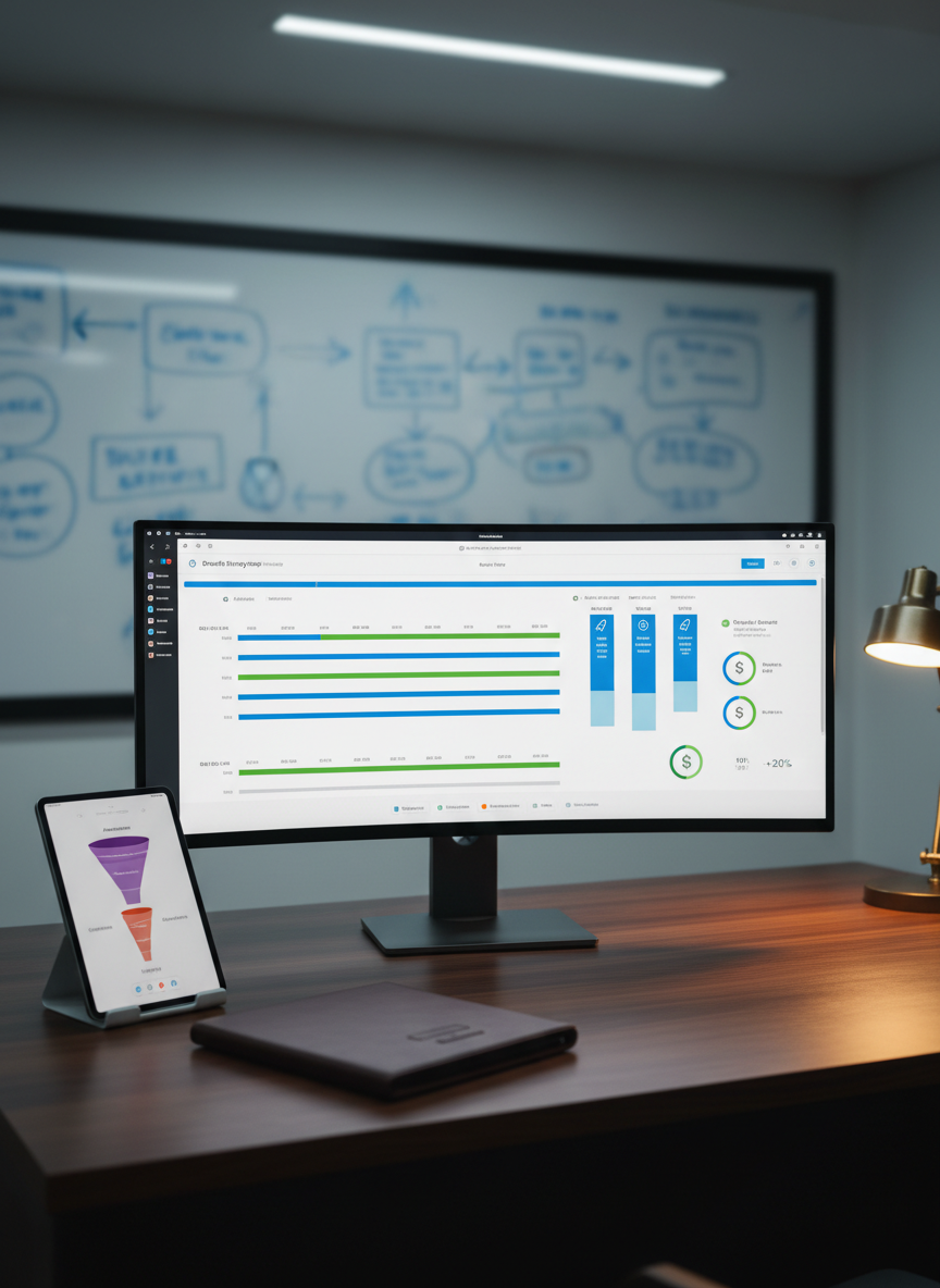 A wide, ultra-high-resolution computer monitor sits on a dark walnut desk, displaying a sophisticated growth strategy roadmap: interconnected timelines, milestones, and KPI markers in a refined, color-coded interface. Beside it, a tablet shows a concise marketing funnel diagram, while a closed leather portfolio rests neatly nearby. The background features a blurred whiteboard with faintly visible diagrams and arrows. Soft, cool-toned overhead lighting combines with a subtle desk lamp glow, creating a balanced, focused ambiance. Photographed from a slightly elevated angle with moderate depth of field, the scene feels analytical yet creative, projecting the calm confidence of a CMO-level strategist orchestrating complex, scalable growth plans.