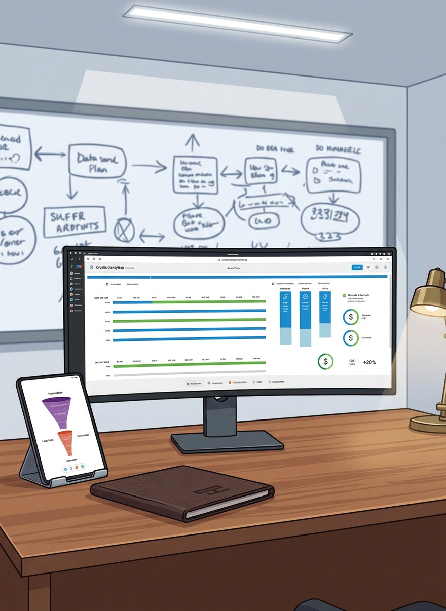 marketing portfolio A wide, ultra-high-resolution computer monitor sits on a dark walnut desk, displaying a sophisticated growth strategy roadmap: interconnected timelines, milestones, and KPI markers in a refined, color-coded interface. Beside it, a tablet shows a concise marketing funnel diagram, while a closed leather portfolio rests neatly nearby. The background features a blurred whiteboard with faintly visible diagrams and arrows. Soft, cool-toned overhead lighting combines with a subtle desk lamp glow, creating a balanced, focused ambiance. Photographed from a slightly elevated angle with moderate depth of field, the scene feels analytical yet creative, projecting the calm confidence of a CMO-level strategist orchestrating complex, scalable growth plans.