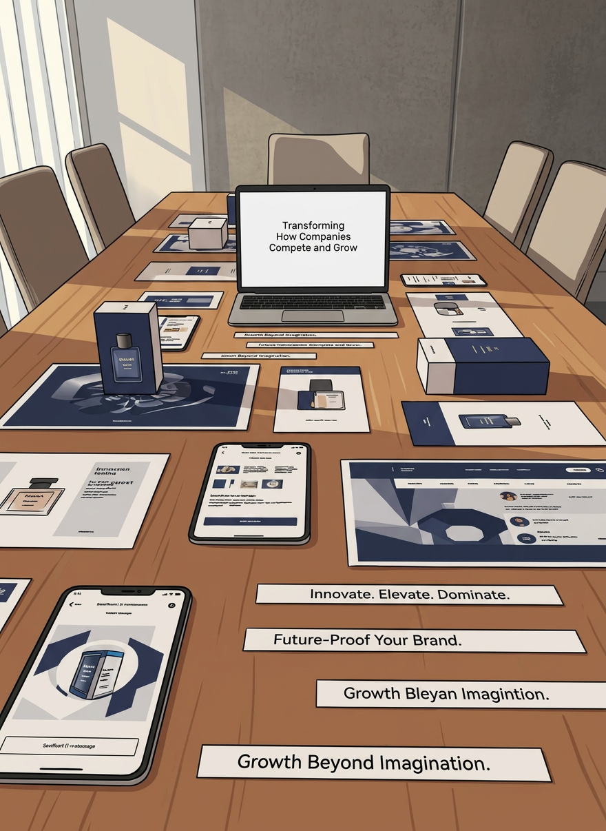 marketing portfolio An elegant conference table made of light ash wood is covered with a carefully arranged assortment of printed campaign mockups: high-end product packaging, social media layouts, homepage hero concepts, and tagline explorations, all unified by a crisp visual language. A single, slim metal laptop at the head of the table displays a presentation slide titled “Transforming How Companies Compete and Grow.” Morning sunlight streams through tall windows, creating bright highlights on the glossy print surfaces and long, soft shadows across the table. Captured from a low angle down the length of the table, with the focal point on the headline slide, this photographic composition feels visionary, decisive, and strategically driven.